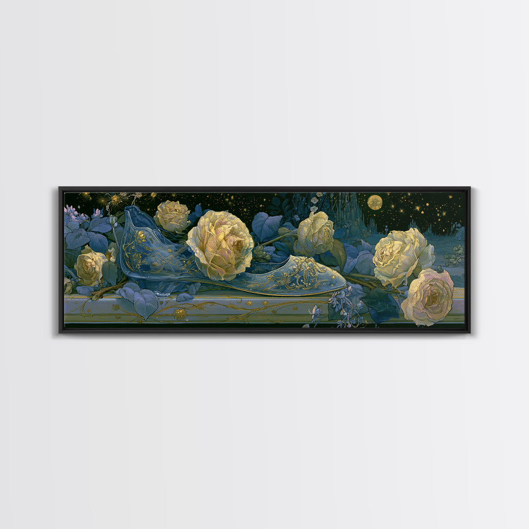 Glass Slipper Still Life Canvas Print, Fairy Tale Art, Living Room Decor, Abstract Art, Storybook, Art Nouveau, FTA-3x1-22