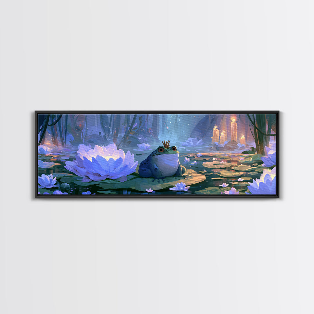 Frog Prince on a Lily Pad Framed Canvas Print, Fairy Tale Art, Textured Painting, Living Room Decor, Fine Art, Storybook, FTA-3x1-27