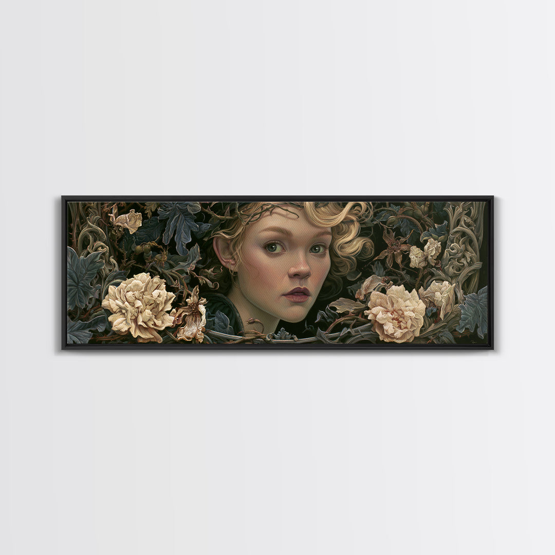 Magic Mirror Framed by Vines and Thorns Canvas Print, Fairy Tale Art, Princess Wall Art, Living Room Decor, Oil Painting, FTA-3x1-29