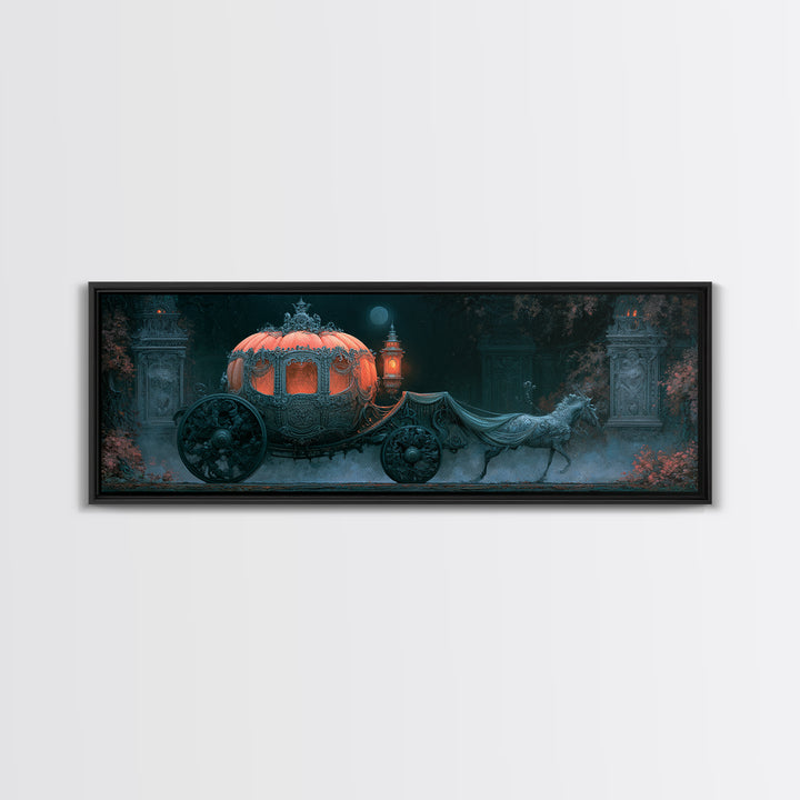 Pumpkin Carriage under Midnight Sky Framed Canvas Print, Fairy Tale Art, Art Nouveau Print, Living Room Decor, Watercolor Art, FTA-3x1-32