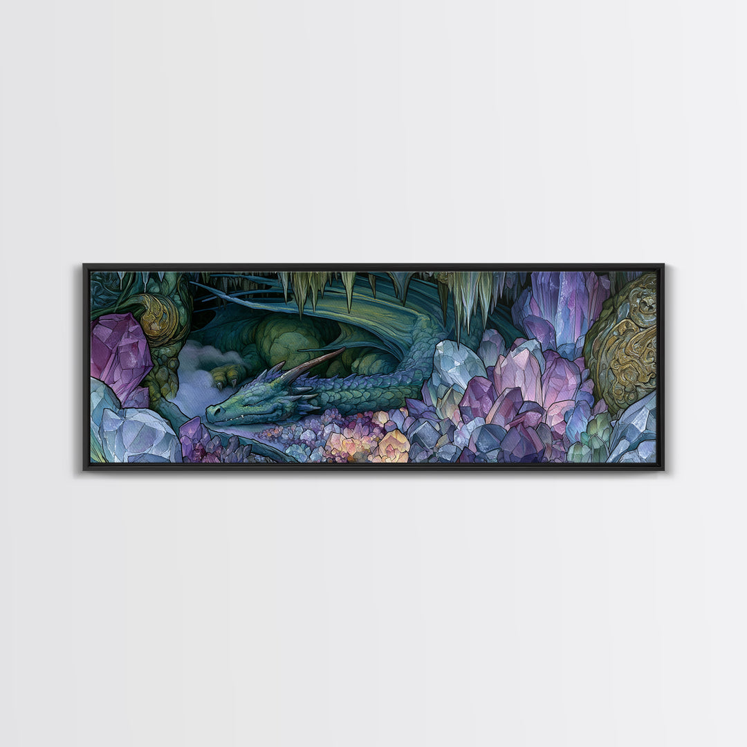 Sleeping Dragon in a Cave of Crystals Canvas Print, Fairy Tale Art, Neutral Decor, Living Room Decor, Fine Art, Storybook, FTA-3x1-40