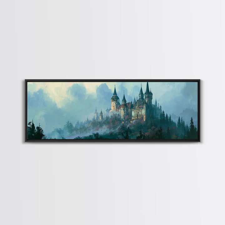 Storybook Castle on a Misty Hill Canvas Print, Fairy Tale Art, Whimsical Art, Living Room Decor, Fine Art, Storybook, FTA-3x1-42