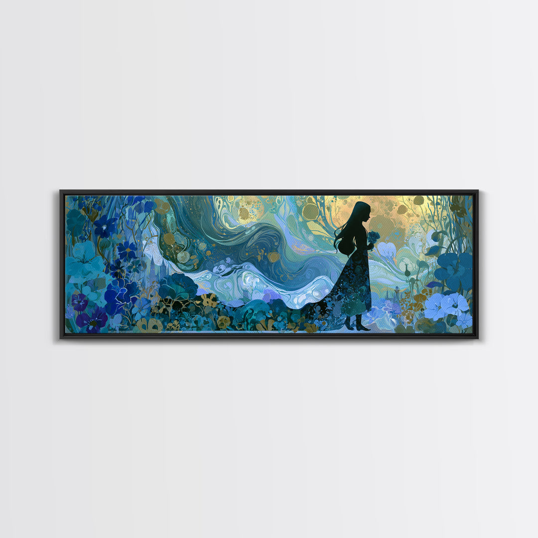 Princess Silhouette with Moonlit Garden Flowers Canvas Print, Fairy Tale Art, Modern Decor, Living Room Decor, Storybook, FTA-3x1-44