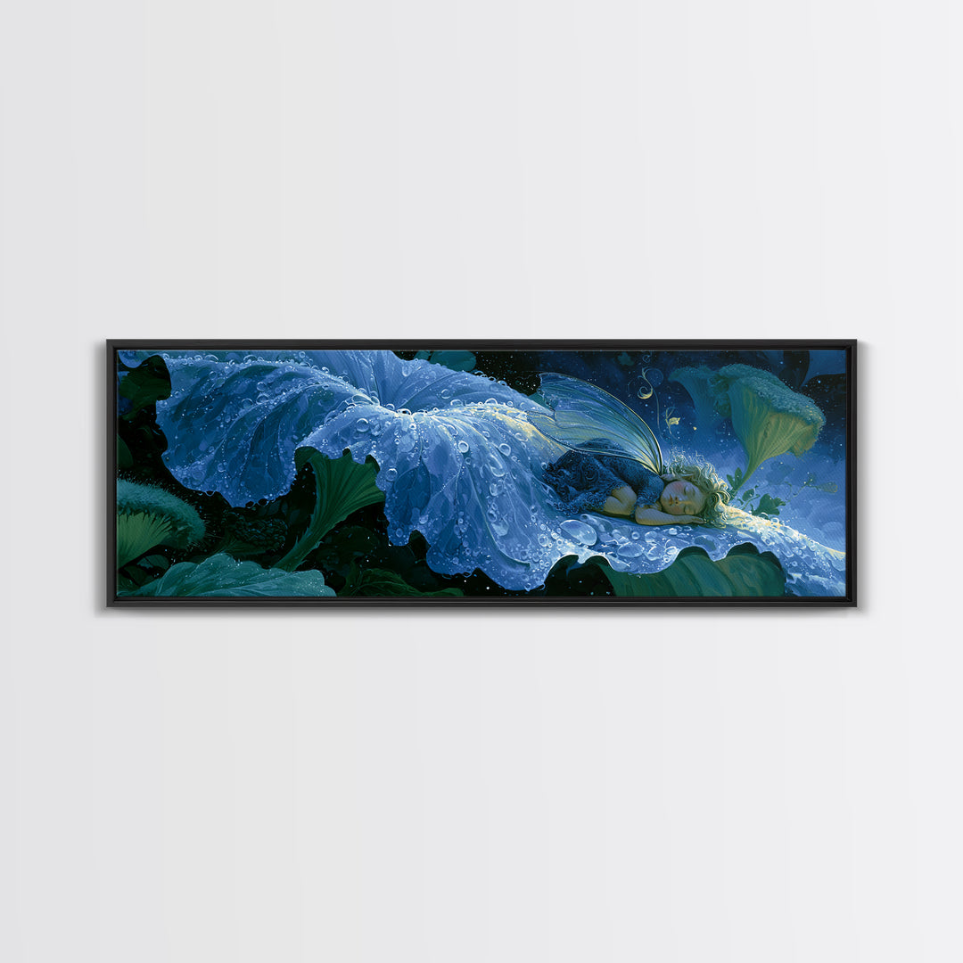 Tiny Fairy Resting on a Dew Covered Framed Canvas Print, Fairy Tale Art, Art Deco, Living Room Decor, Fine Art, Storybook, FTA-3x1-47