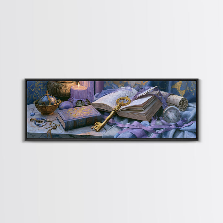 Golden Key and Enchanted Book Still Life Canvas Print, Fairy Tale Art, Kids Room Decor, Living Room Decor, Abstract Art, FTA-3x1-49