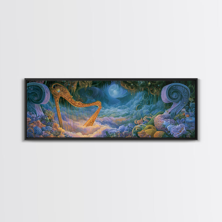 Golden Harp in a Cloud Kingdom Canvas Print, Fairy Tale Art, Boho Decor, Living Room Decor, Oil Painting, Storybook, Art Print, FTA-3x1-62
