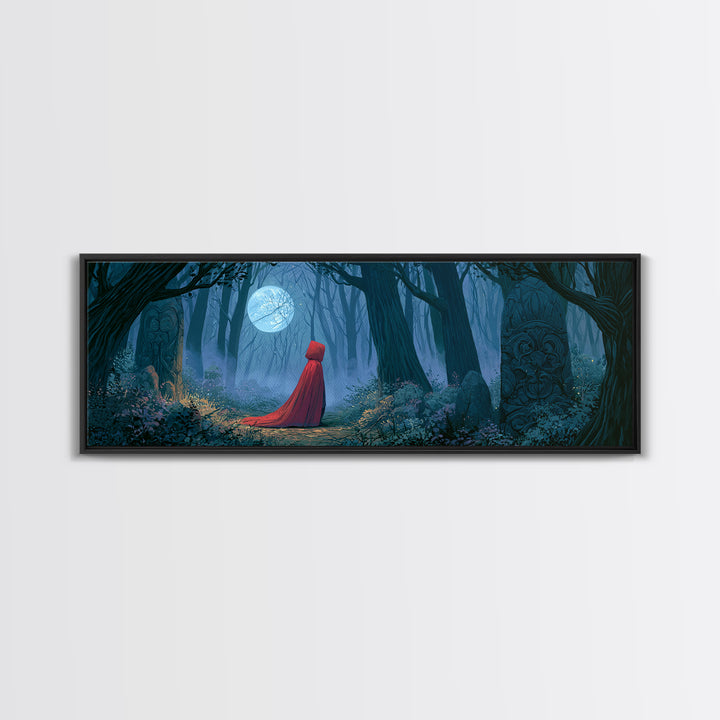 Red Cloak Figure Walking Through Dark Woods Framed Canvas Print, Fairy Tale Art, Wall Decor, Living Room Decor, Storybook, FTA-3x1-72