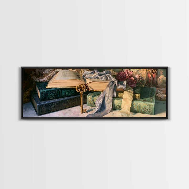 Golden Key and Enchanted Book Still Life Framed Canvas Print, Fairy Tale Art, Neutral Decor, Living Room Decor, Storybook, FTA-3x1-73