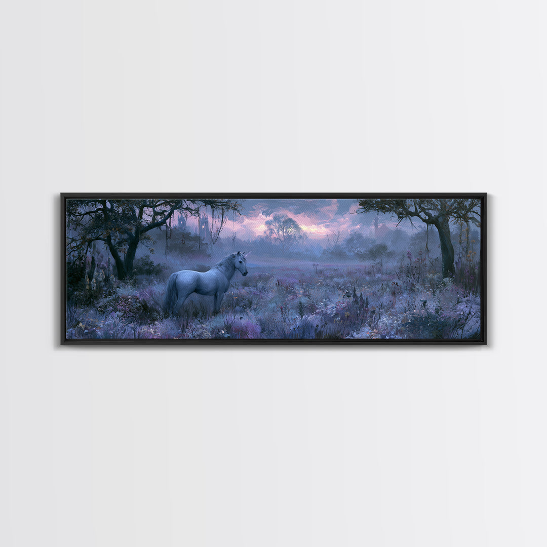 Unicorn in a Moonlit Meadow Framed Canvas Print, Fairy Tale Art, Princess Wall Art, Living Room Decor, Fine Art, Storybook, FTA-3x1-74