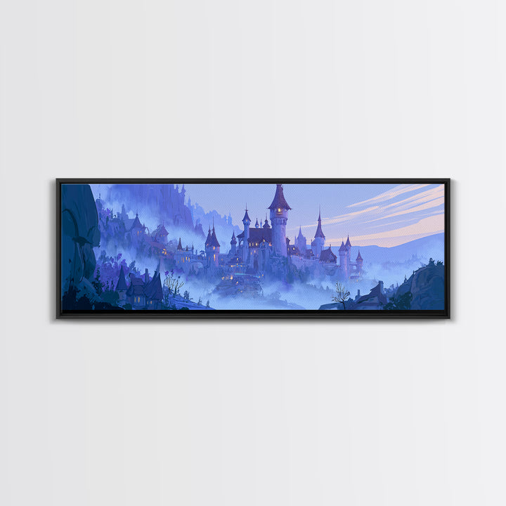 Storybook Castle on a Misty Hill Framed Canvas Print, Fairy Tale Art, Whimsical Wall Art, Living Room Decor, Storybook, FTA-3x1-90