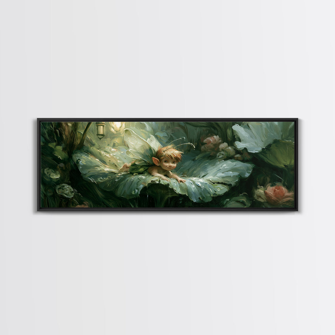 Tiny Fairy Resting on a Dew Covered Canvas Print, Fairy Tale Art, Art Deco, Living Room Decor, Storybook, Whimsical Art, FTA-3x1-95