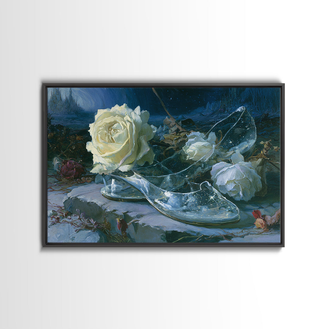 Glass Slipper Still Life Framed Canvas Print, Fairy Tale Art, Nursery Art, Living Room Decor, Storybook, Art Nouveau Print, FTA-3x2-10