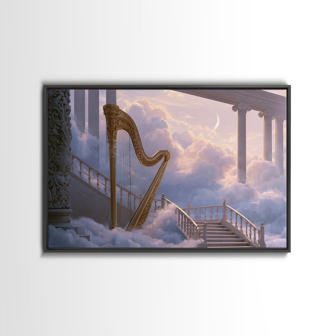 Golden Harp in a Cloud Kingdom Framed Canvas Print, Fairy Tale Art, Art Nouveau, Living Room Decor, Fine Art, Storybook, FTA-3x2-2