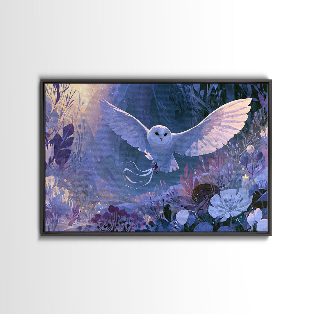 Owl Messenger Carrying a Tiny Ribbon Canvas Print, Fairy Tale Art, Whimsical Wall Art, Living Room Decor, Fine Art, Storybook, FTA-3x2-21