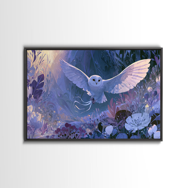 Owl Messenger Carrying a Tiny Ribbon Canvas Print, Fairy Tale Art, Whimsical Wall Art, Living Room Decor, Fine Art, Storybook, FTA-3x2-21