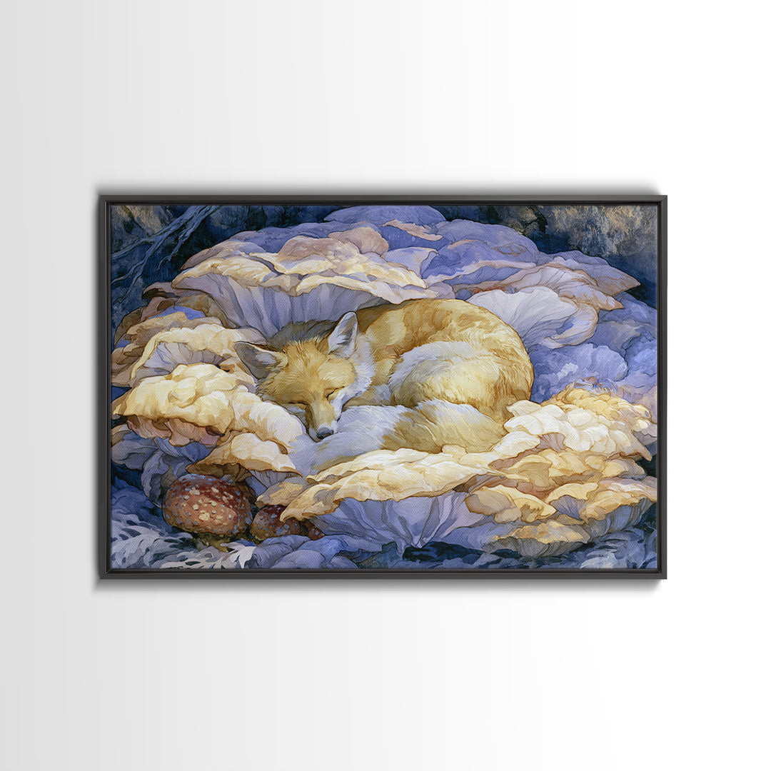 Sleeping Fox Beside a Magical Mushroom Ring Canvas Print, Fairy Tale Art, Statement Artwork, Living Room Decor, Storybook, FTA-3x2-31