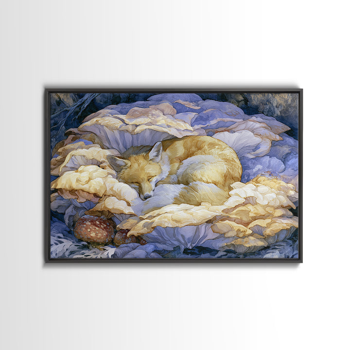 Sleeping Fox Beside a Magical Mushroom Ring Canvas Print, Fairy Tale Art, Statement Artwork, Living Room Decor, Storybook, FTA-3x2-31