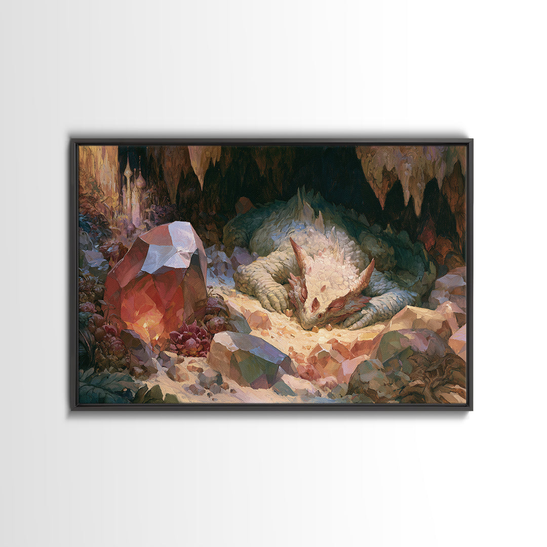 Sleeping Dragon in a Cave of Crystals Canvas Print, Fairy Tale Art, Boho Wall Art, Living Room Decor, Oil Painting, Storybook, FTA-3x2-4