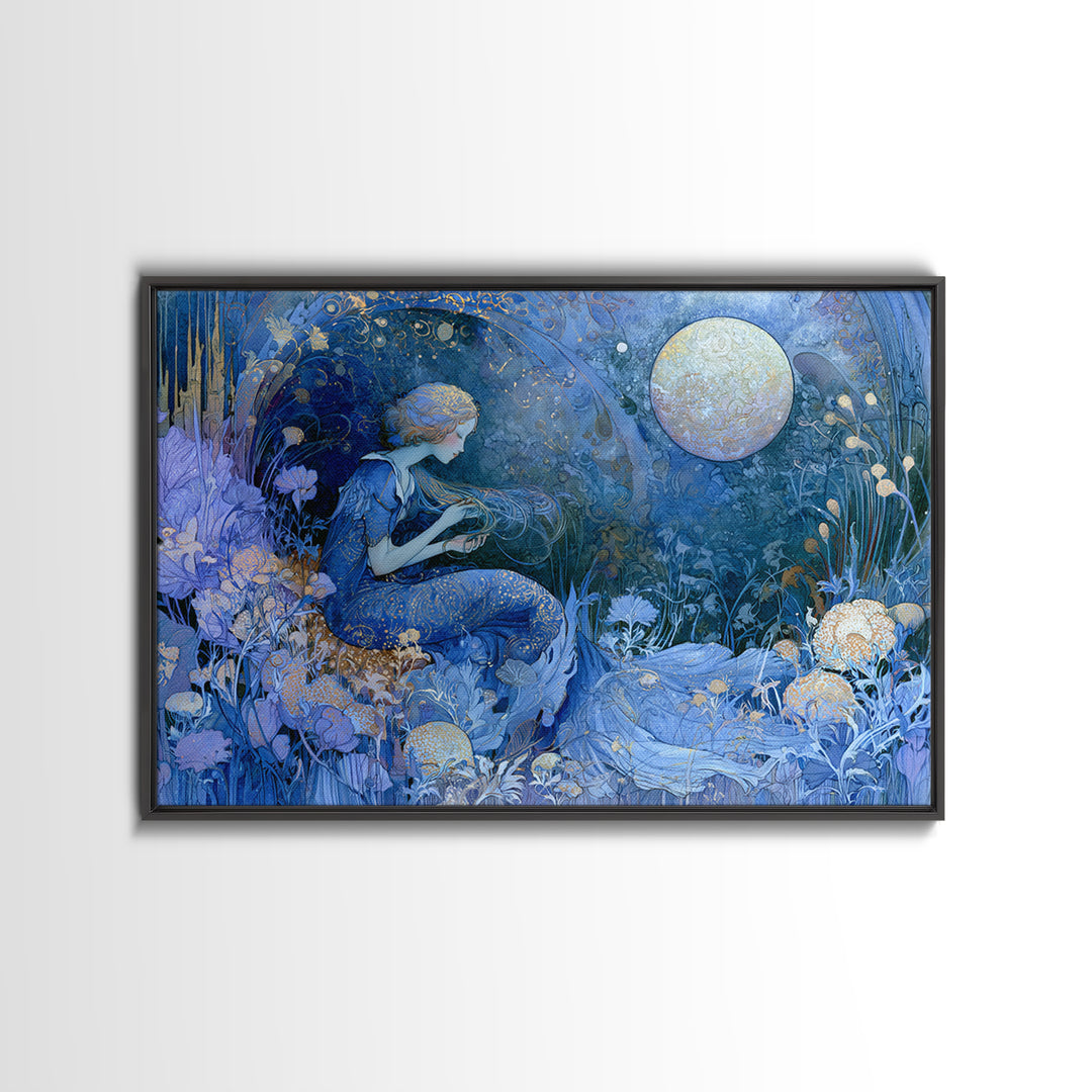 Mermaid Combing Hair Beneath a Pearl Moon Framed Canvas Print, Fairy Tale Art, Fantasy Art, Living Room Decor, Oil Painting, FTA-3x2-40