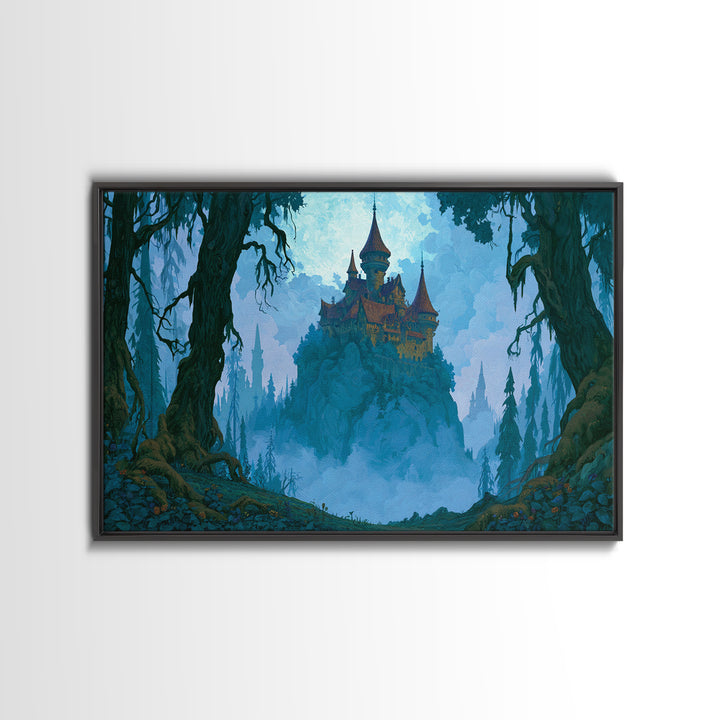 Storybook Castle on a Misty Hill Canvas Print, Fairy Tale Art, Dark Art, Living Room Decor, Storybook, Statement Artwork, FTA-3x2-54