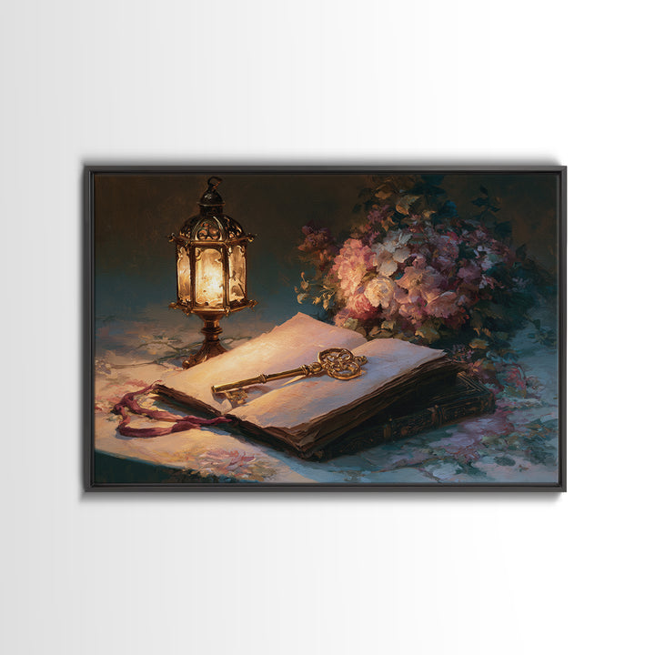 Golden Key and Enchanted Book Still Life Canvas Print, Fairy Tale Art, Fantasy Art, Living Room Decor, Oil Painting, Storybook, FTA-3x2-61
