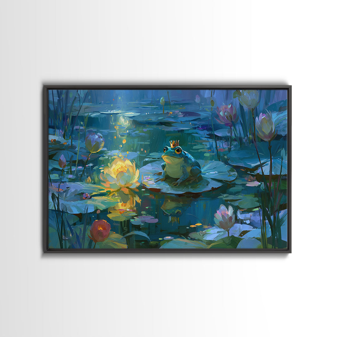 Frog Prince on a Lily Pad Framed Canvas Print, Fairy Tale Art, Dark Art, Living Room Decor, Storybook, Statement Artwork, FTA-3x2-63