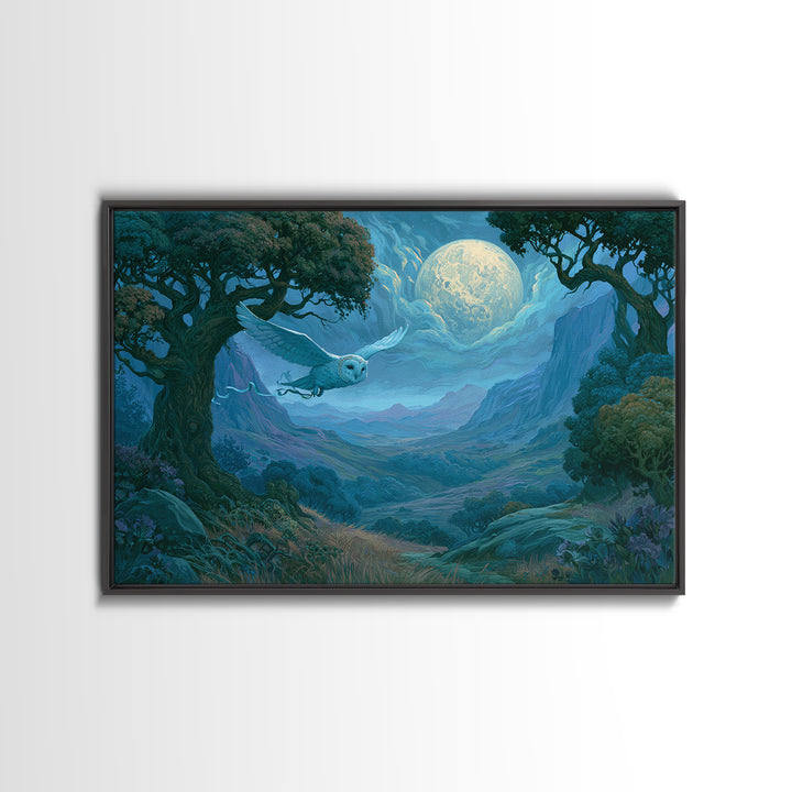 Owl Messenger Carrying a Tiny Ribbon Framed Canvas Print, Fairy Tale Art, Gallery Decor, Living Room Decor, Fine Art, Storybook, FTA-3x2-69