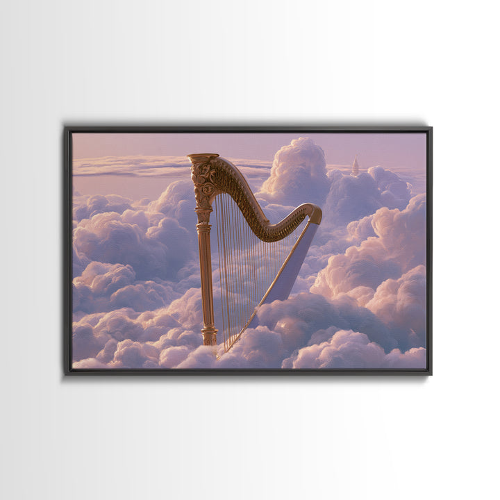 Golden Harp in a Cloud Kingdom Framed Canvas Print, Fairy Tale Art, Princess Wall Art, Living Room Decor, Oil Painting, FTA-3x2-74