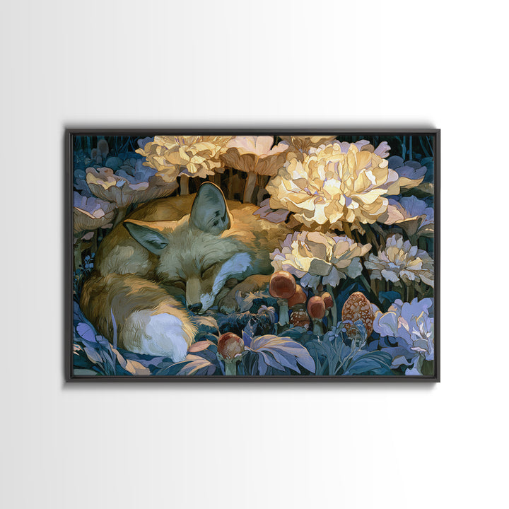 Sleeping Fox Beside a Magical Mushroom Ring Canvas Print, Fairy Tale Art, Luxury Decor, Living Room Decor, Storybook, FTA-3x2-79