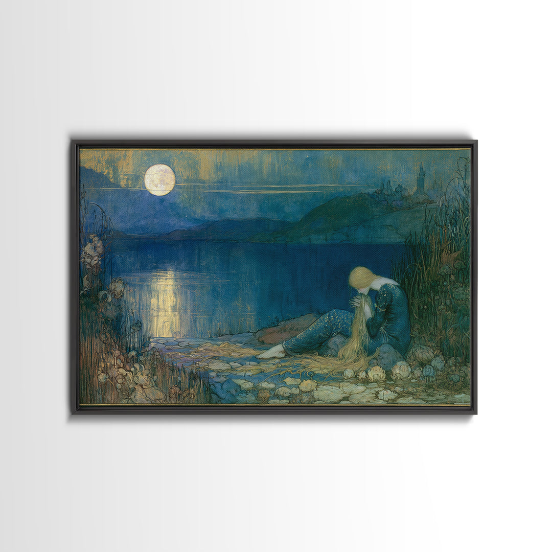 Mermaid Combing Hair Beneath a Pearl Moon Canvas Print, Fairy Tale Art, Painting, Living Room Decor, Fine Art, Storybook, FTA-3x2-88