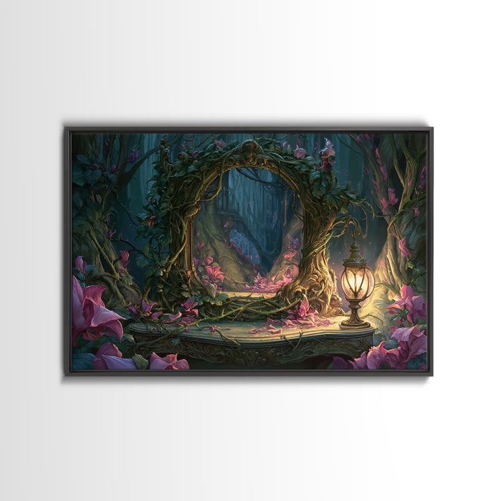 Magic Mirror Framed by Vines and Thorns Canvas Print, Fairy Tale Art, Boho Decor, Living Room Decor, Oil Painting, Storybook, FTA-3x2-89