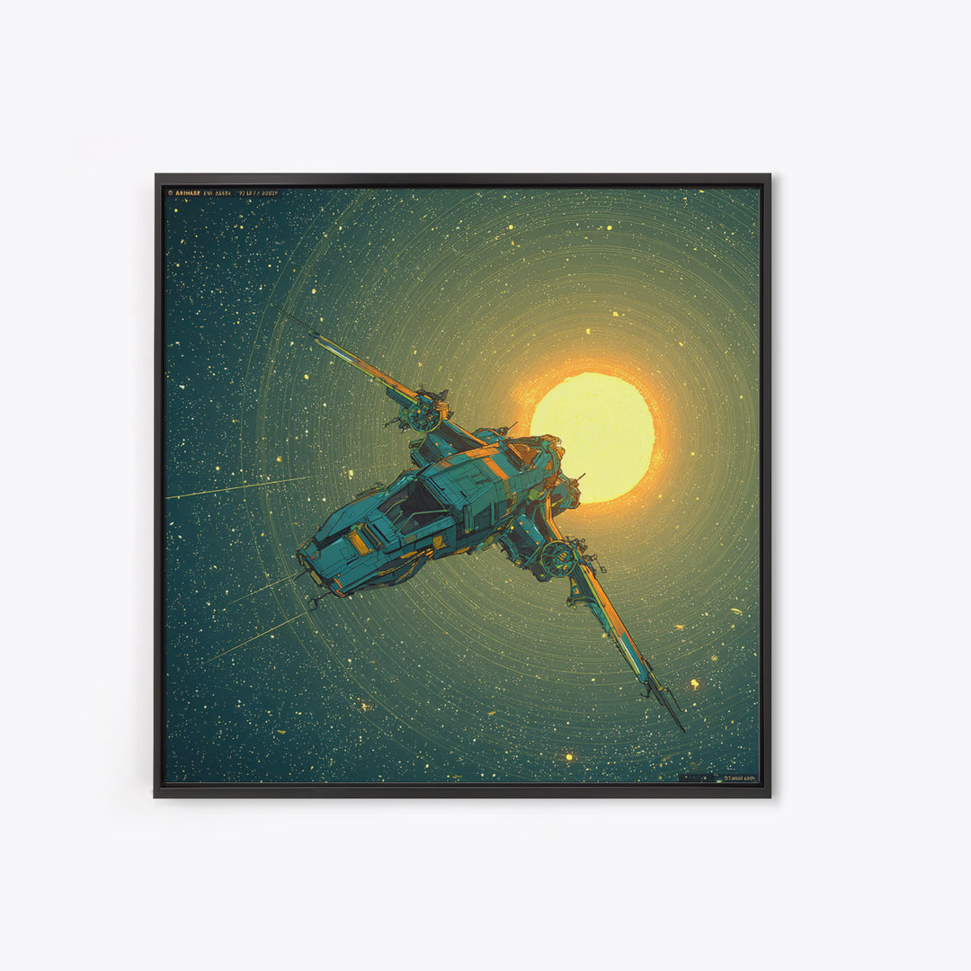 Solar Sail Ship Crossing Star Filled Space Framed Canvas Print, Futuristic Art, Mid Century Modern, Living Room Decor, Future, FUT-1x1-41