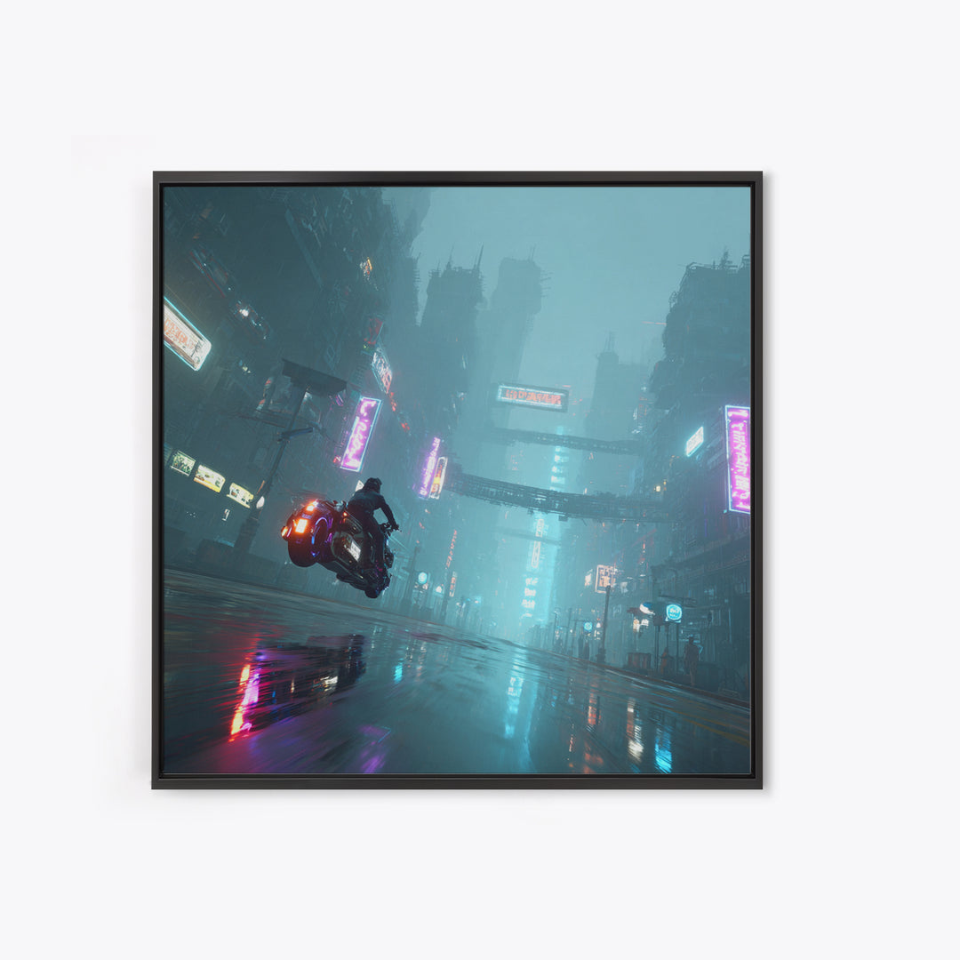 High Speed Hover Bike Trail of Light Framed Canvas Print, Futuristic Art, Cyberpunk Decor, Living Room Decor, Fine Art, Future, FUT-1x1-68