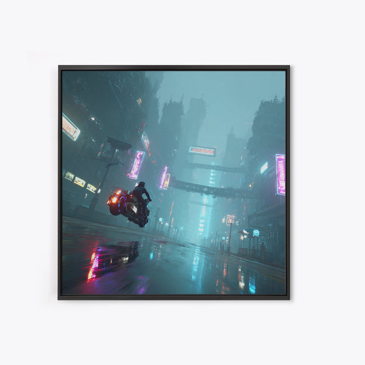 High Speed Hover Bike Trail of Light Framed Canvas Print, Futuristic Art, Cyberpunk Decor, Living Room Decor, Fine Art, Future, FUT-1x1-68