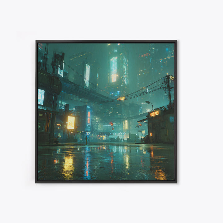 Digital Aurora Above a Clean White City Framed Canvas Print, Futuristic Art, Space Art, Living Room Decor, Abstract Art, Future, FUT-1x1-72