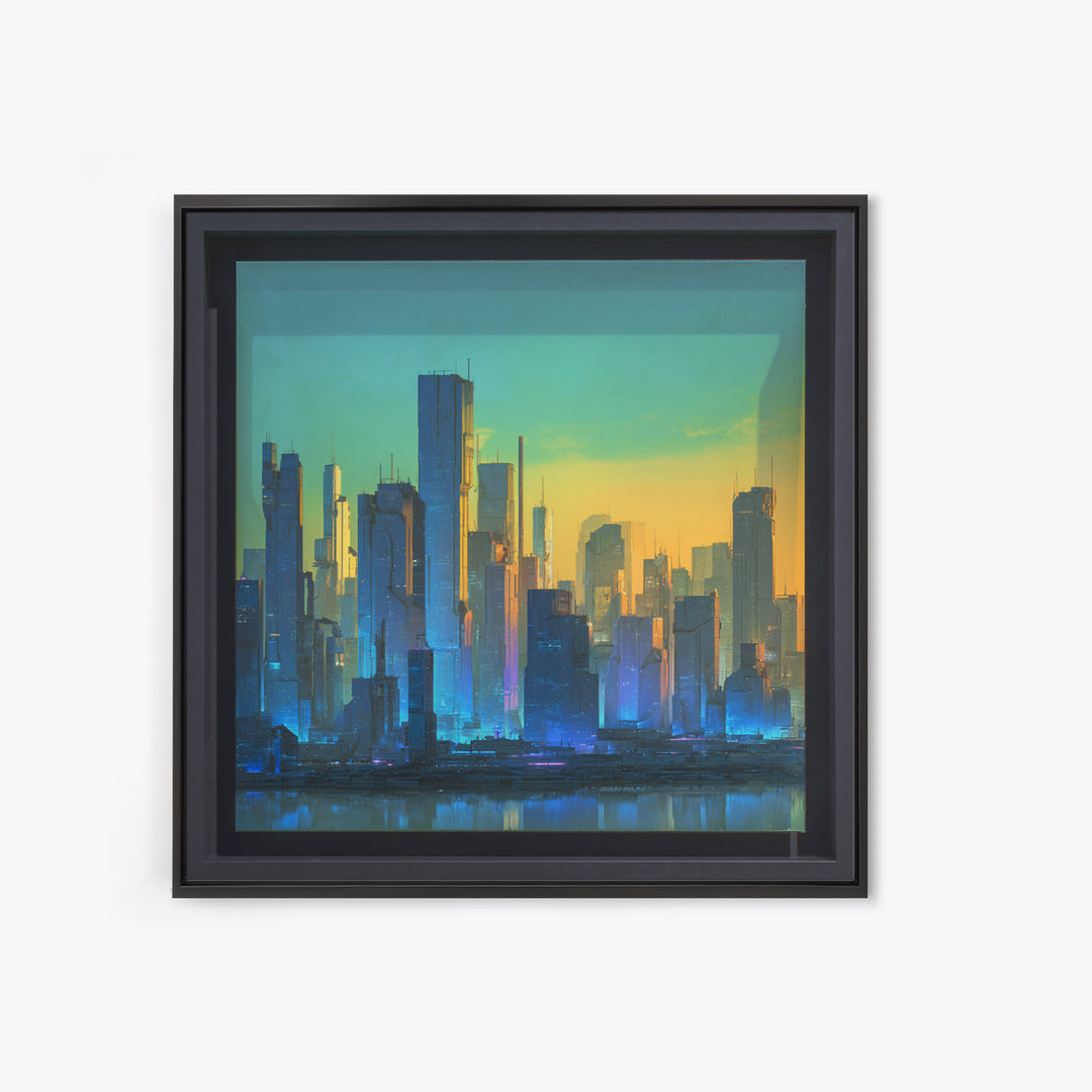 Sleek Chrome City Skyline Framed Canvas Print, Futuristic Art, Modern Wall Art, Living Room Decor, Abstract Art, Future, FUT-1x1-73