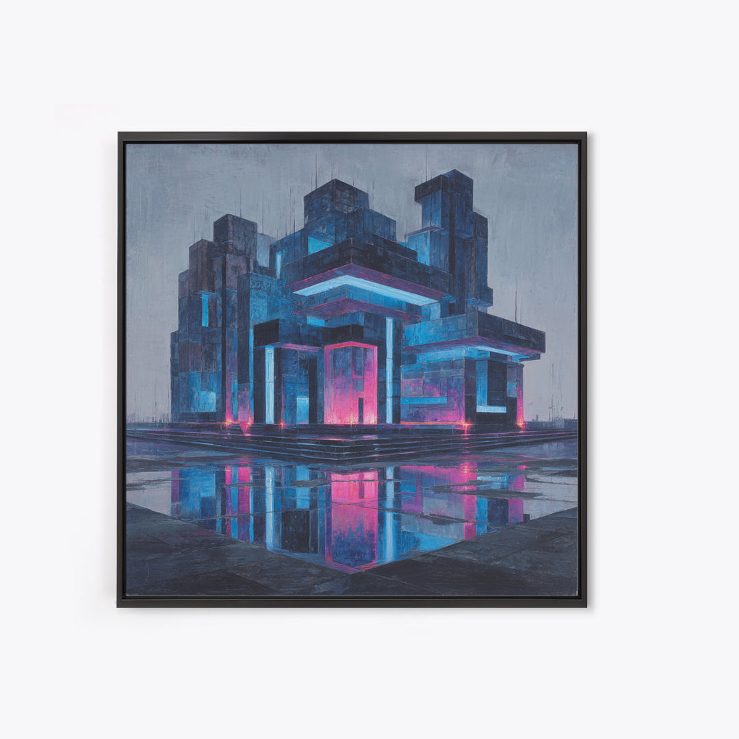 White and Blue Utopian Megastructure Framed Canvas Print, Futuristic Art, Living Room Decor, Abstract Art, Future, FUT-1x1-84