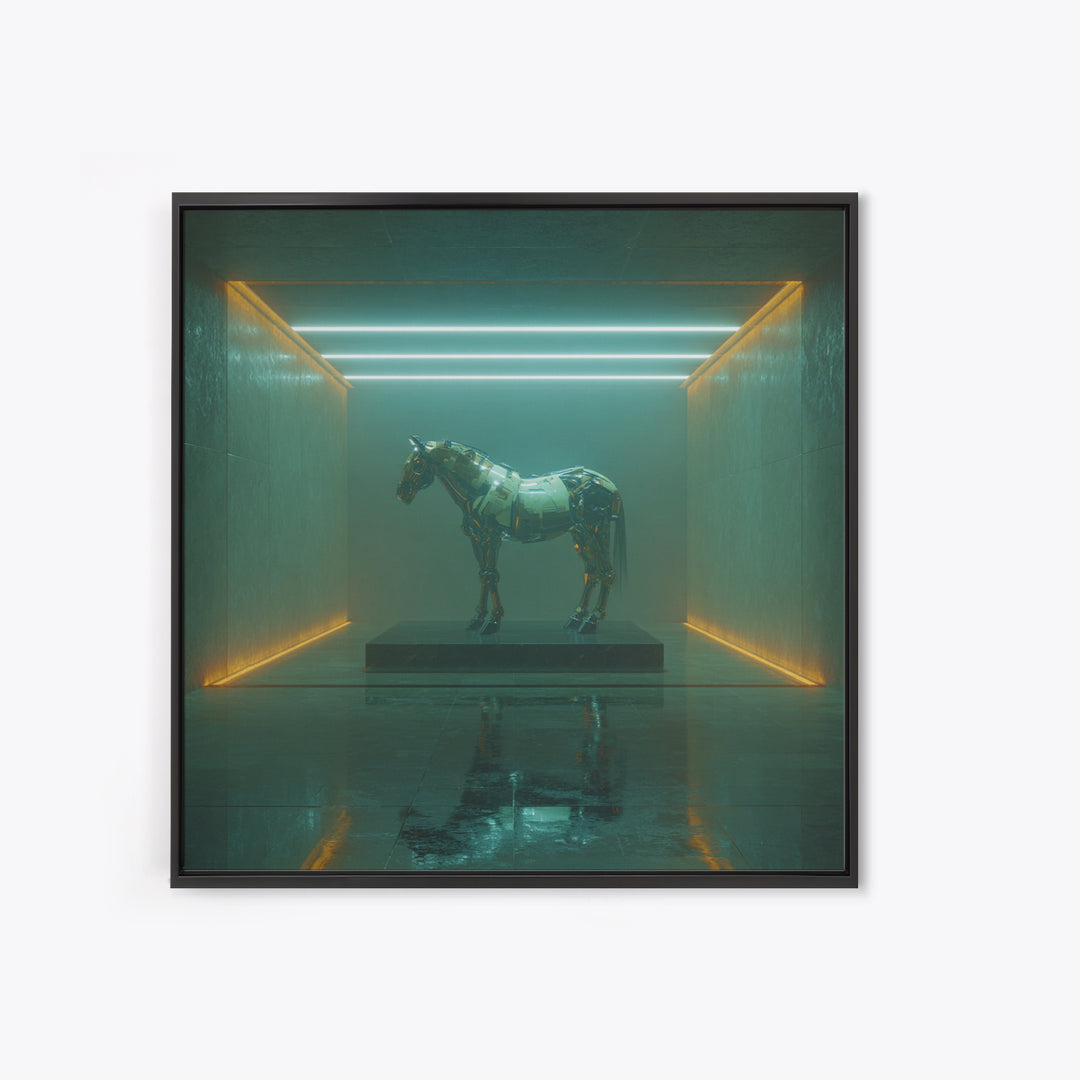Cybernetic Horse in a Luminous Field Canvas Print, Futuristic Art, Digital Print, Living Room Decor, Fine Art, Future, FUT-1x1-85