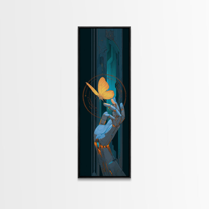 Robotic Hand Holding a Delicate Butterfly Framed Canvas Print, Futuristic Art, Colorful Wall Art, Living Room Decor, Future, FUT-1x3-20
