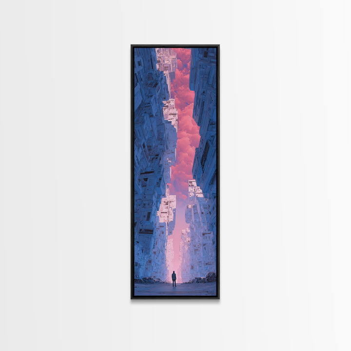 White and Blue Utopian Megastructure Framed Canvas Print, Futuristic Art, Canvas Painting, Living Room Decor, Fine Art, Future, FUT-1x3-24