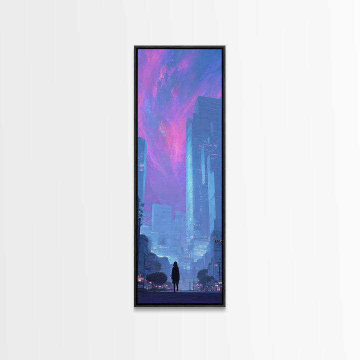 Digital Aurora Above a Clean White City Framed Canvas Print, Futuristic Art, Digital Poster, Living Room Decor, Future, FUT-1x3-36