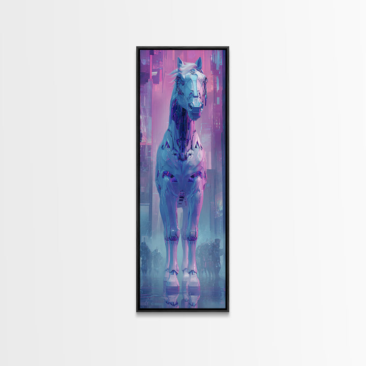 Cybernetic Horse in a Luminous Field Canvas Print, Futuristic Art, Digital Art, Living Room Decor, Future, Landscape Art, FUT-1x3-49