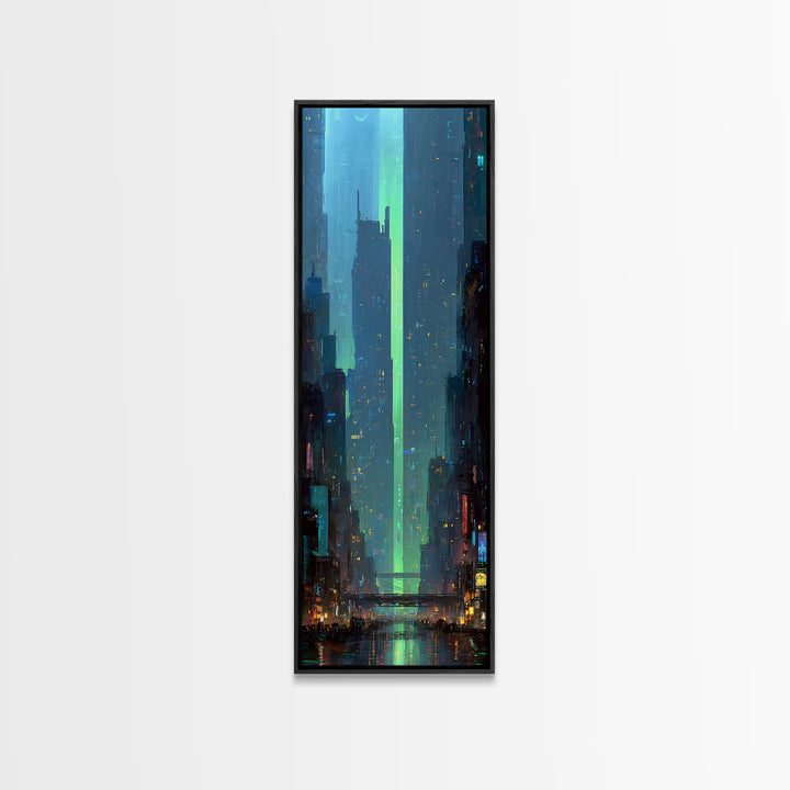 Digital Aurora Above a Clean White City Canvas Print, Futuristic Art, Eclectic Home Decor, Living Room Decor, Abstract Art, FUT-1x3-60