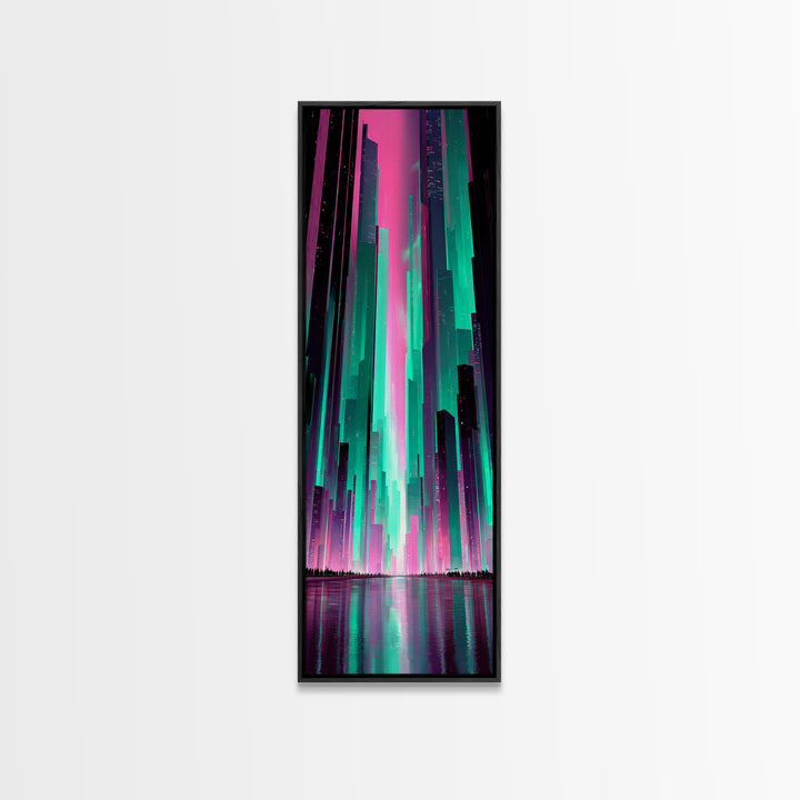 Digital Aurora Above a Clean White City Framed Canvas Print, Futuristic Art, Statement Artwork, Living Room Decor, Future, FUT-1x3-84