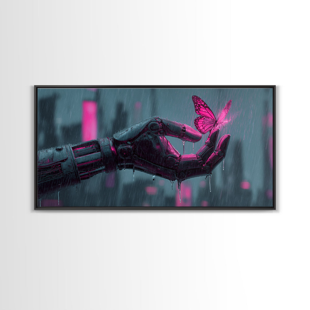 Robotic Hand Holding a Delicate Butterfly Framed Canvas Print, Futuristic Art, Unique Home Decor, Living Room Decor, Future, FUT-2x1-100