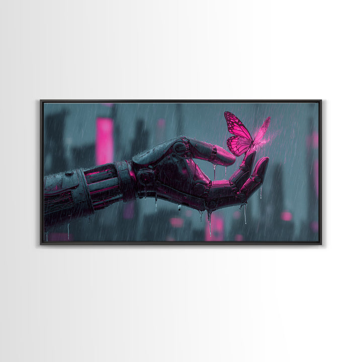 Robotic Hand Holding a Delicate Butterfly Framed Canvas Print, Futuristic Art, Unique Home Decor, Living Room Decor, Future, FUT-2x1-100