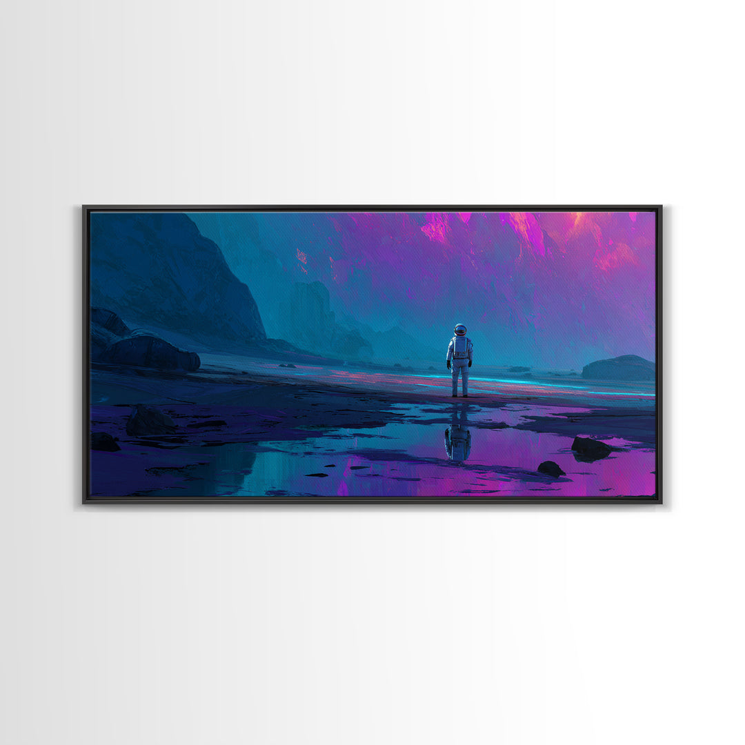 Silver Astronaut Walking Through Neon Desert Canvas Print, Futuristic Art, Steampunk Decor, Living Room Decor, Future, FUT-2x1-25