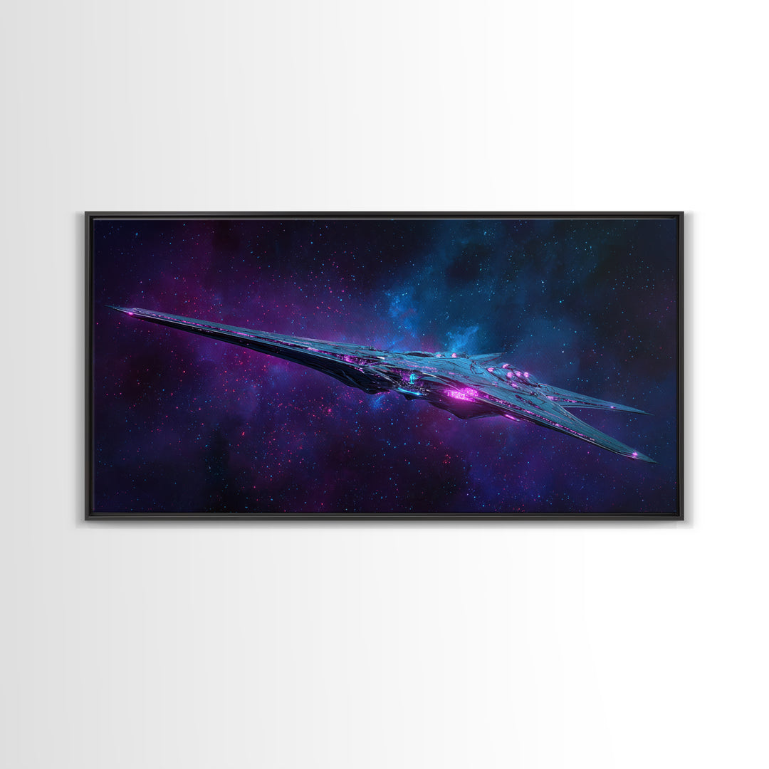 Solar Sail Ship Crossing Star Filled Space Framed Canvas Print, Futuristic Art, Landscape Art, Living Room Decor, Future, FUT-2x1-37