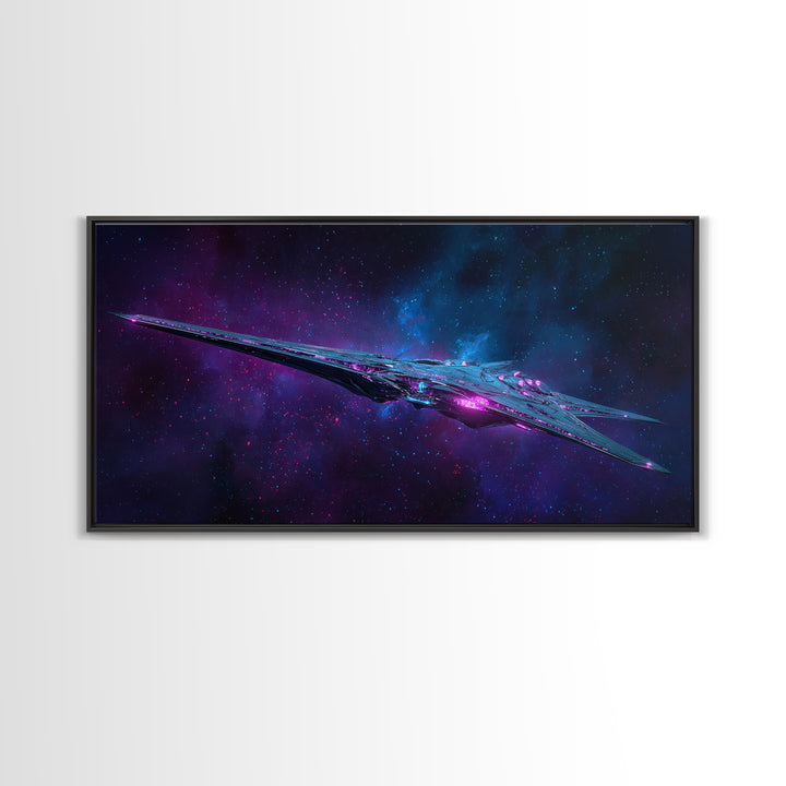 Solar Sail Ship Crossing Star Filled Space Framed Canvas Print, Futuristic Art, Landscape Art, Living Room Decor, Future, FUT-2x1-37
