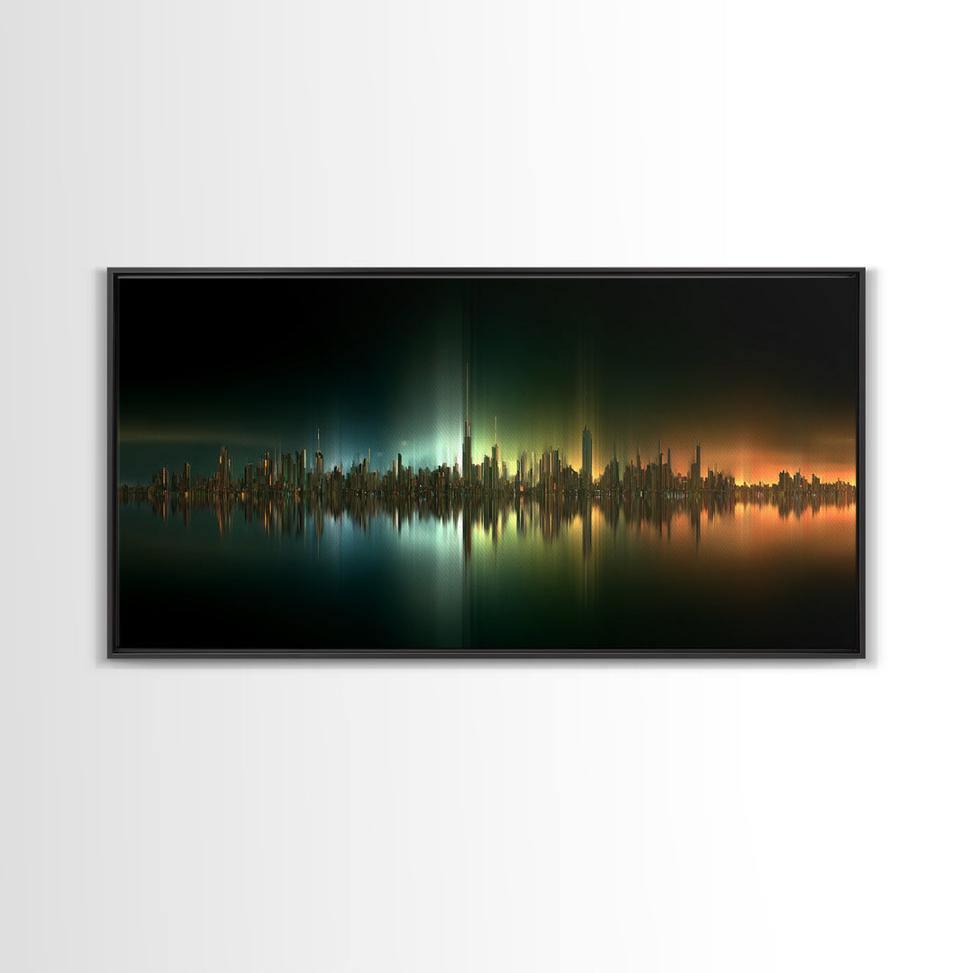 Sleek Chrome City Skyline Framed Canvas Print, Futuristic Art, Contemporary Art, Living Room Decor, Fine Art, Future, FUT-2x1-45